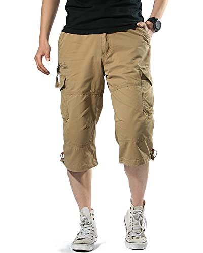 Misfuso Cargo Shorts Herren 3/4 Sommer Kurze Outdoor Bermuda Kurz Hose Atmungsaktiv Freizeitshorts Baumwolle Arbeitshose mit Multi Taschen und Gummibund Khaki M von Misfuso