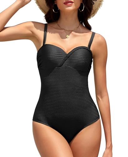 Misfuso Damen Badeanzug Bademode Push Up Vintage Einteilige Monokini Feste Körbchen Swimsuit Badebekleidung-Schwarze-XXL von Misfuso