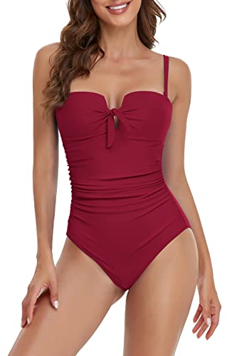 Misfuso Damen Badeanzug Bauchweg Monokinis One Piece Push Up Badeanzüge Swimsuit Tummy Control Tankinis Bademode Plus Size,Geeignet für Strand/Schwimmbad/Party Weinrot XL von Misfuso