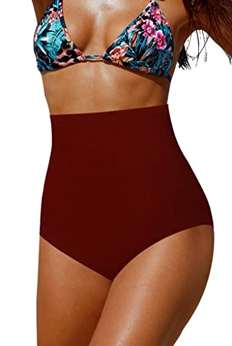 Misfuso Damen Badeshorts Badehose Hohe Taille Bauchkontrolle Kurze Badehose Badeanzug Schwimmhose Bikinihose Weinrot L von Misfuso