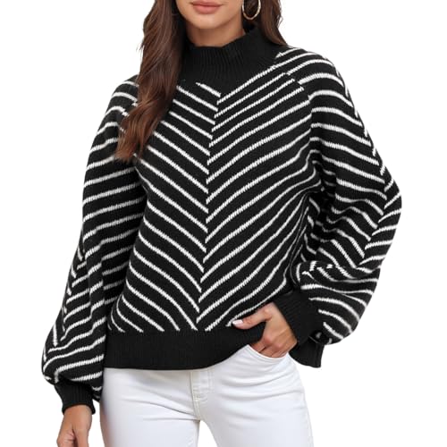 Misfuso Damen Pullover Sweater Leichtes Rundhals Herbst Strickpullover Langarm Elegant Strickpulli Gestrickt Obertiele-Schwarz-XL von Misfuso