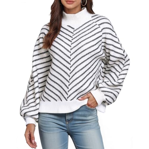 Misfuso Damen Pullover Winter aus Feinstrick - Lockerer Langarm Strickpullover mit Schrägstreifen Rippenbündchen-Weiß-M von Misfuso