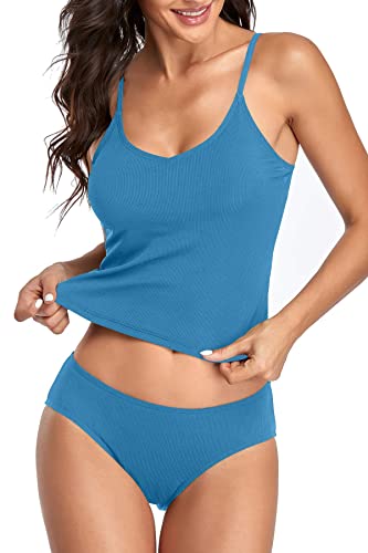 Misfuso Damen Tankini Badeanzug Set Gerippte Zweiteilige Bademode mit Shorts, Badekleid für Damen(Blau M) von Misfuso