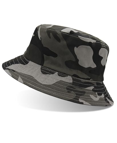 Misfuso Fischerhüte Herren Anglerhut Herren Baumwolle Bucket Hat Faltbar Sommerhut Outdoor Kappen Cap Freizeithut zum Wandern Camping Reisen Angeln 56-60cm-Grau-Tarnfarbe von Misfuso