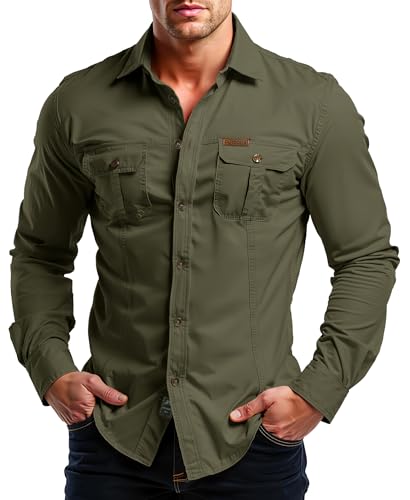 Misfuso Hemd Herren Baumwoll Langarm Button Down 2 Brusttaschen Comfort Freizeit Arbeiten Regular Fit, Cargo Hemden Long Sleeve Safarihemd Freizeithemden Herrenhemden-Grün-L von Misfuso
