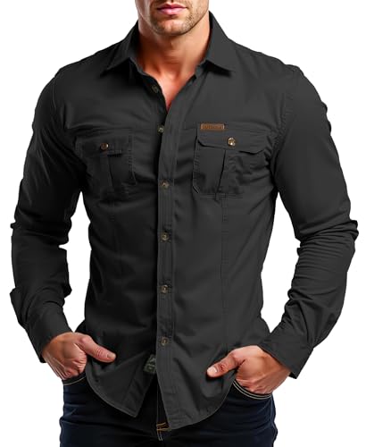 Misfuso Hemd Herren Baumwolle Hemden Langarm Slim Fit Cowboyhemd Stehkragen Westernhemd Taktisches Hemd Outdoor Arbeitshemd Safarihemd Einfarbige Freizeithemden-Schwarz-XL von Misfuso