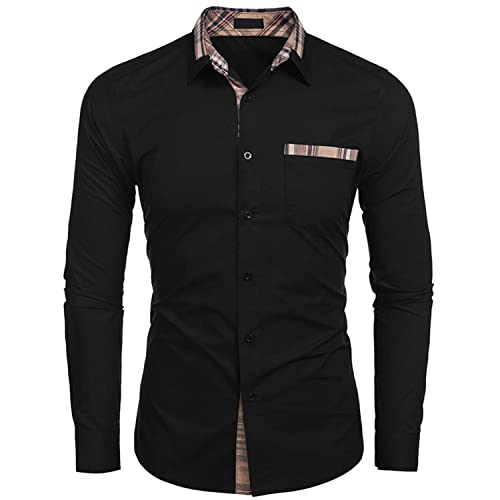 Misfuso Hemd Herren Business Langarmhemd - mit eine Tasche - Regular Fit - Bügelfrei und Stehkragen - 100% Baumwolle, Schrumpft Nicht EU Größen M-Schwarz von Misfuso
