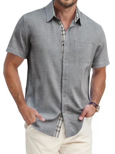 Misfuso Hemd Herren Kurzarm Bügelfrei Freizeithemd Herrenhemden Sommer Regular Fit Baumwolle Businesshemd Casual-Grau-M von Misfuso