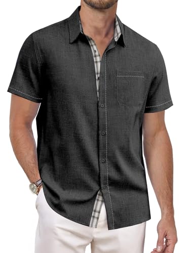 Misfuso Hemd Herren Kurzarm Sommer Hemd Freizeit Business Hemden, Kariertes mit Premium Baumwolle Atmungsaktives Casual Hemd für Büro Alltag Outdoor Strand Hemd-Schwarz-XXL von Misfuso