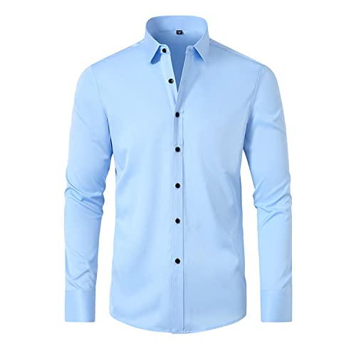 Misfuso Herren Business Hemd Langarm Bügelfreies, Herren Hemd Slim fit Polyester Hemd Stretch Langarmhemden Einfarbige Hemden, Eu-Größ: M, Blau von Misfuso