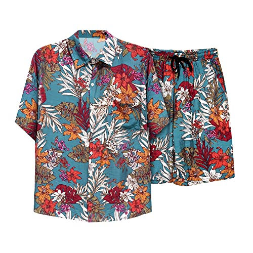 Misfuso Herren Hawaii Hemd Kurzarm mit Kurzer Hose Sommer Hemd Männer Aloha Shirt mit Blumenmuster Print, Baumwolle Hawaiihemd Regular fit, Bequem und Atmungsaktiv Blume5 S von Misfuso