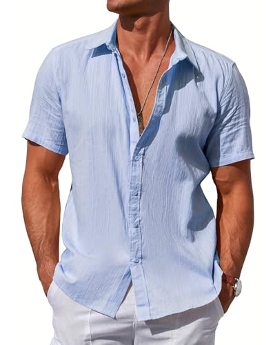 Misfuso Herren Hemd Baumwolle Hemd Sommer Freizeithemd Businesshemd Regular Fit Kurzarmhemd-Hellblau-M von Misfuso