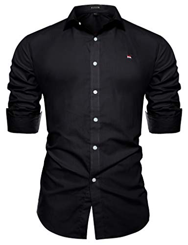 Misfuso Herren Hemd Freizeithemd Langarm Hemden Slim fit Reine Farbe Schwarz M von Misfuso