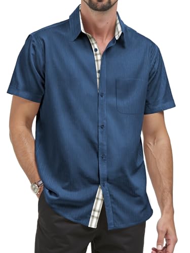 Misfuso Herren Hemd Kurzarm Button Down Freizeithemd Waffel Knitterarm Stretch Business Hemd Regular Fitommerhemd Herren Kurzarm-Marineblau-L von Misfuso
