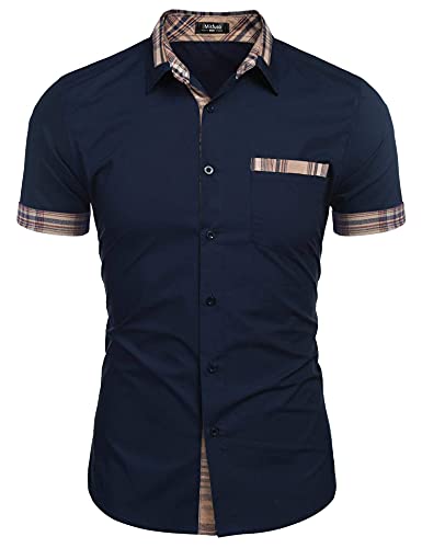 Misfuso Herren Hemd Kurzarm Slim Fit Freizeit Business Hemden Kragen Plaid spleißen Hemden für Männer Navyblau XL von Misfuso