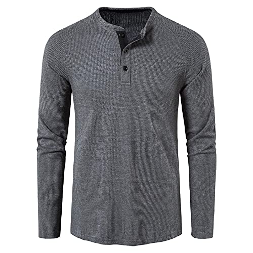 Misfuso Herren Langarm T-Shirt Henley Shirt Freizeithemd Waffle mit Rundhalsausschnitt Grau L von Misfuso