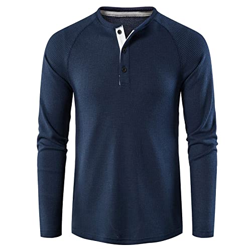 Misfuso Herren Langarm T-Shirt Henley Shirt Freizeithemd Waffle mit Rundhalsausschnitt Navyblau XL von Misfuso