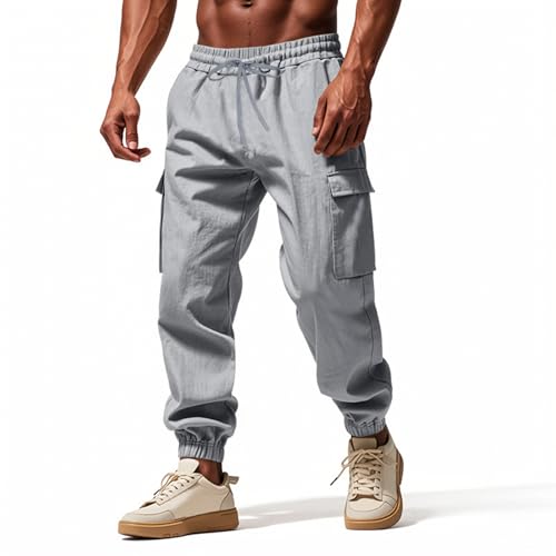 Misfuso Herren Leinenhose mit Kordelzug Leicht Sommerhose Freizeithose Einfarbig Hose Lang für Männer Strandhose Urlaub Alltag Strandhose Herren Beach Cargohose-Dunkelgrau-2XL von Misfuso