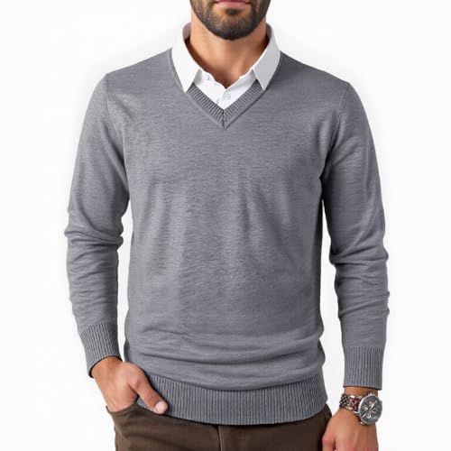 Misfuso Herren Pullover Polokragen Strickpullover Klassischer Knopfleiste Polo Pulli Casual Business Sweater Langarm-Grau-3XL von Misfuso
