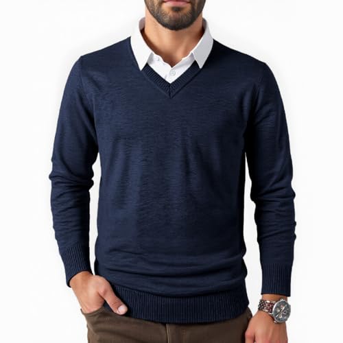 Misfuso Herren Pullover V Ausschnitt Langarm Strickpullover Männer Winterpullover V Neck Pulli Business Sweatershirt-Navy-3XL von Misfuso