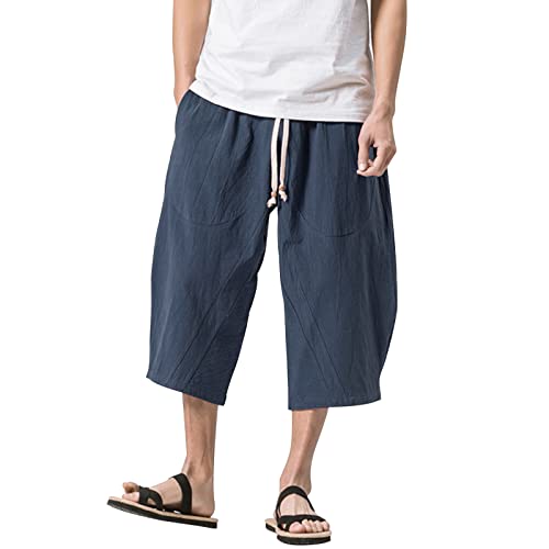 Misfuso Herren Shorts 3/5 Hose aus Flachs Kurze Hose für Männer, lockere und Bequeme Hose für Male Frühling&Sommer-Hose Männer Weite Shorts, M Dunkelblau von Misfuso