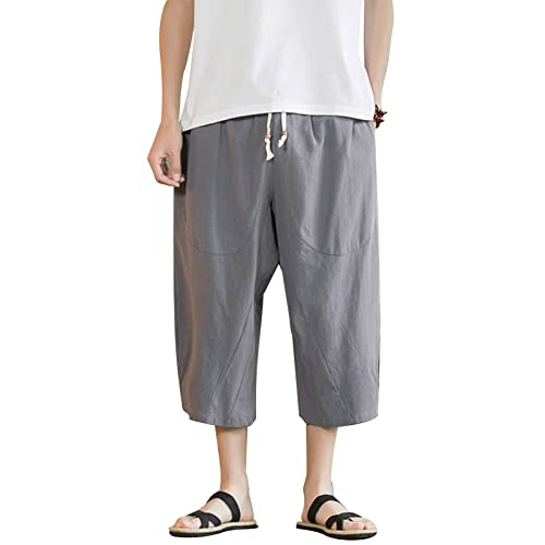 Misfuso Herren Shorts 3/5 Hose aus Flachs Kurze Hose für Männer, lockere und Bequeme Hose für Male Frühling&Sommer-Hose Männer Weite Shorts, M Grau von Misfuso