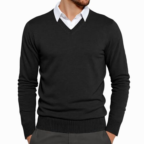 Misfuso Herren Strickpullover Langarm V Ausschnitt Männer Pullover Sweater Winter Pulli Langarmshirt-Schwarz-L von Misfuso