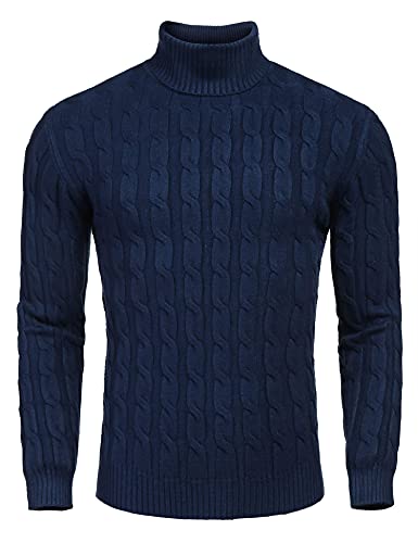 Misfuso Herren Rollkragen Pullover Langarmshirt, Strickpullover Herren Feinstrick Baumwolle Pullover mit Rundhalsausschnitt, Slim fit Basic Männer Pullover, Größe-L Dunkelblau von Misfuso