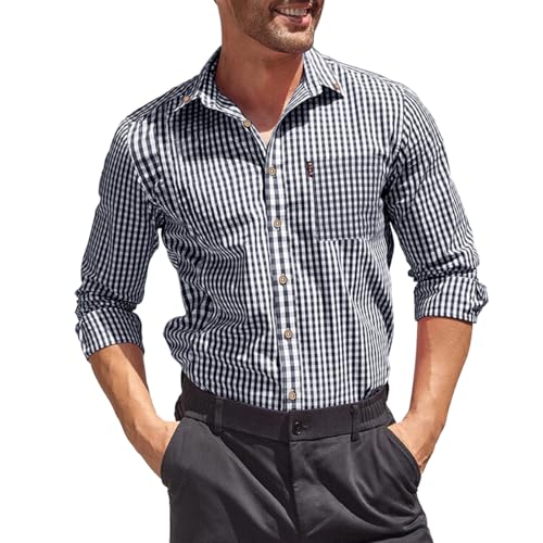Trachtenhemd Herren Langarm Kariertes Gingham Hemd Oktoberfest Button Down Freizeithemd Karneval Shirt Mit Tasche Karohemd Baumwolle schwarz L von Misfuso
