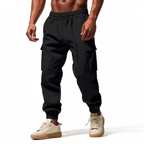 Leinen Herren-Hosen Leinenhose Herren Sommerhosen Lang mit Taschen Elastischer Bund Universal Fit Strandhose Beach Cargohose-Schwarz-2XL von Misfuso