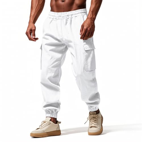 Leinenhose Herren Cargohose mit Taschen Freizeithose Sommer | Leicht & Atmungsaktiv | Elastischer Bund mit Zugband |Weite Passform für Herren-Weiß-3XL von Misfuso