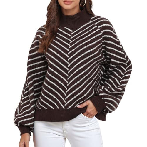Misfuso Pullover Damen Herbst Strickpullover Langarmshirt Winter Gerippt Damenpullover-Kaffeebraun-L von Misfuso