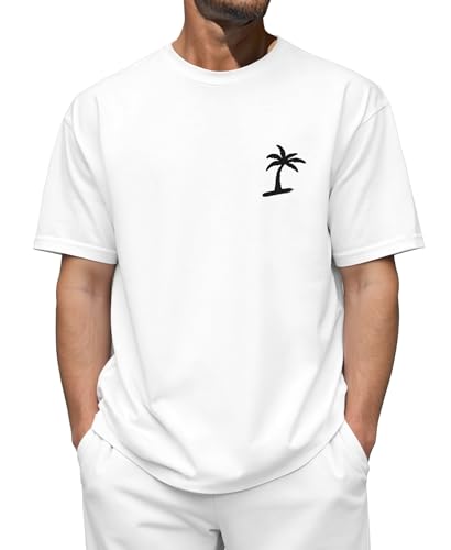 Oversized Tshirt Herren Basic Baumwolle T-Shirt Men's Coole Shirt Sommer Classic Vintage Style-Weiß-XL von Misfuso
