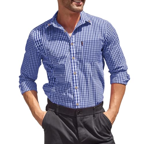 Trachtenhemd Herren Langarm Kariertes Gingham Hemd Oktoberfest Button Down Freizeithemd Karneval Shirt Mit Tasche Karohemd Baumwolle Marineblau 3XL von Misfuso