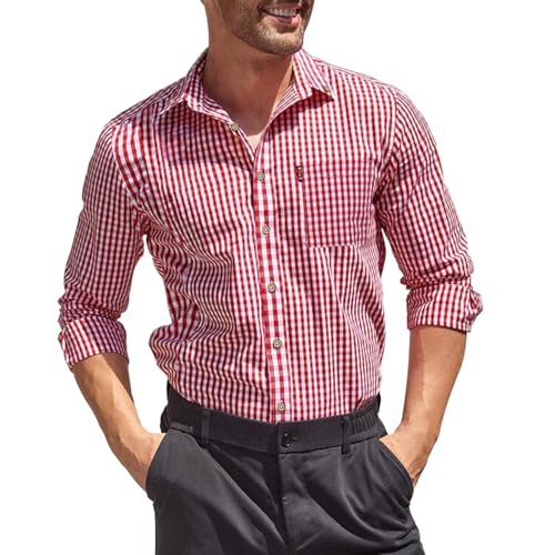Trachtenhemd Herren Hemd Langarm Kariertes Herren Gingham Hemd Oktoberfest Button Down Hemd Freizeithemd Karneval Shirt Mit Tasche Karohemd Baumwolle ROT 2XL von Misfuso