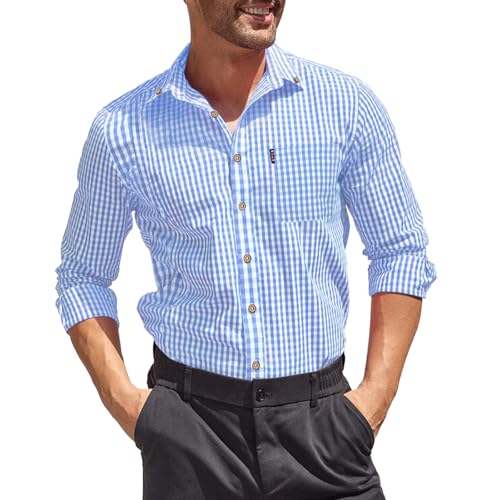 Trachtenhemd Herren Langarm Kariertes Gingham Hemd Oktoberfest Button Down Freizeithemd Karneval Shirt Mit Tasche Karohemd Baumwolle hellblau 3XL von Misfuso