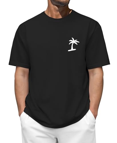Tshirt Herren Sommer T-Shirts Rundhals Kurzarm T Shirt mit Kokosnussbaum Drucken Basic Shirts-Schwarz-2XL von Misfuso