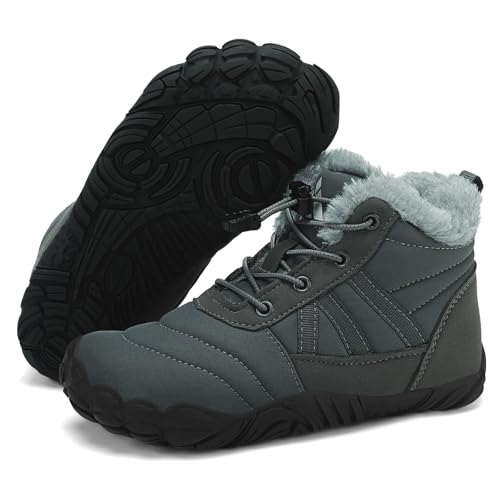 Mishansha Barfußschuhe Kinder Winter Barfussschuhe Winterschuhe Jungen Mädchen Winterstiefel Gefüttert Wasserdicht Barfuß Kinderschuhe Wanderschuhe Dunkelgrau, Gr.28 EU von Mishansha