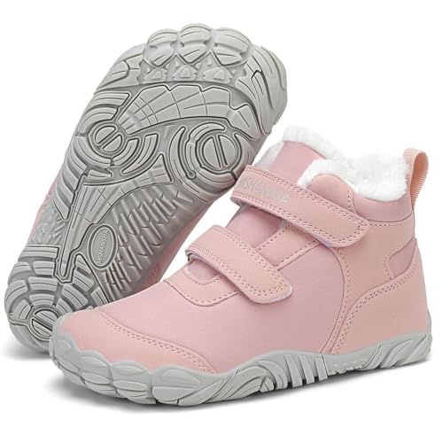 Mishansha Barfußschuhe Kinder Winterschuhe Mädchen Warm Plüschfutter Gefüttert Winterstiefel für Weich Leicht Schneestiefel Winter Rutschfest Trekkingschuhe Rosa 33 EU von Mishansha