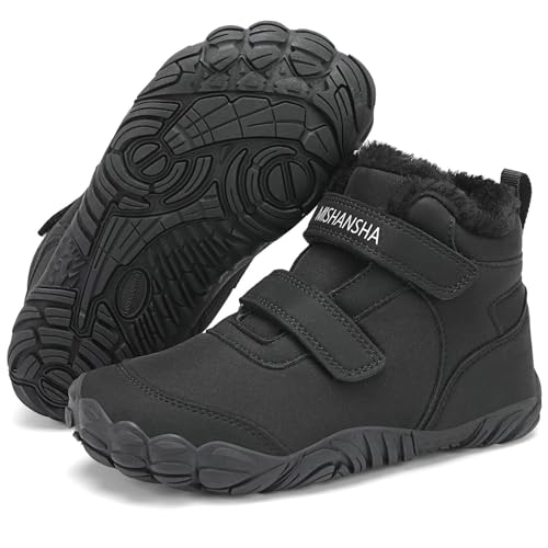 Mishansha Barfußschuhe Kinder Winterschuhe Mädchen Warm Plüschfutter Gefüttert Winterstiefel für Weich Leicht Schneestiefel Winter Rutschfest Trekkingschuhe Schwarz 32 EU von Mishansha