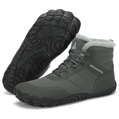 Mishansha Damen Herren Barfußschuhe Winter Warm Gefüttert Winterschuhe Outdoor rutschfest Barfuss Winterstiefel Bequem Leicht Winterboots mit Zero-Drop Solhe und Breite Zehenbox, Bleigrau 42EU von Mishansha