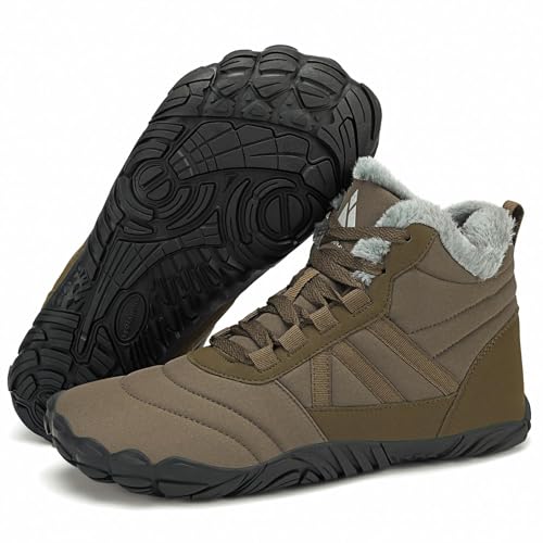 Mishansha Damen Herren Barfußschuhe Winter Warm Gefüttert Winterschuhe Outdoor rutschfest Barfuss Winterstiefel Bequem Leicht Winterboots mit Zero-Drop Solhe und Breite Zehenbox, Dunkelbraun 45EU von Mishansha