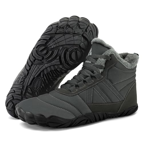 Mishansha Damen Herren Barfußschuhe Winter Warm Gefüttert Winterschuhe Outdoor rutschfest Barfuss Winterstiefel Bequem Leicht Winterboots mit Zero-Drop Solhe und Breite Zehenbox, Dunkelgrau 44EU von Mishansha