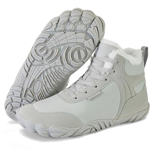 Mishansha Damen Herren Barfußschuhe Winter Warm Gefüttert Winterschuhe Outdoor rutschfest Barfuss Winterstiefel Bequem Leicht Winterboots mit Zero-Drop Solhe und Breite Zehenbox, Graugrün 43EU von Mishansha