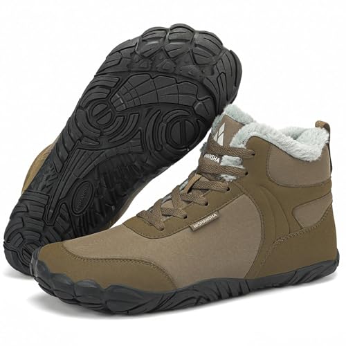 Mishansha Damen Herren Barfußschuhe Winter Warm Gefüttert Winterschuhe Outdoor rutschfest Barfuss Winterstiefel Bequem Leicht Winterboots mit Zero-Drop Solhe und Breite Zehenbox, Holzbraun 43EU von Mishansha