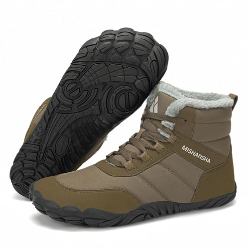 Mishansha Damen Herren Barfußschuhe Winter Warm Gefüttert Winterschuhe Outdoor rutschfest Barfuss Winterstiefel Bequem Leicht Winterboots mit Zero-Drop Solhe und Breite Zehenbox, Kaffeebraun 40EU von Mishansha