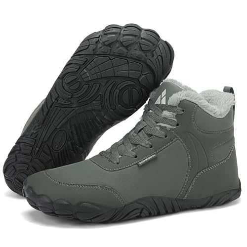 Mishansha Damen Herren Barfußschuhe Winter Warm Gefüttert Winterschuhe Outdoor rutschfest Barfuss Winterstiefel Bequem Leicht Winterboots mit Zero-Drop Solhe und Breite Zehenbox, Kieselgrau 46EU von Mishansha
