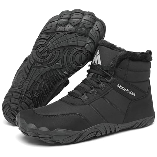 Mishansha Damen Herren Barfußschuhe Winter Warm Gefüttert Winterschuhe Outdoor rutschfest Barfuss Winterstiefel Bequem Leicht Winterboots mit Zero-Drop Solhe und Breite Zehenbox, Krähe Schwarz 42EU von Mishansha
