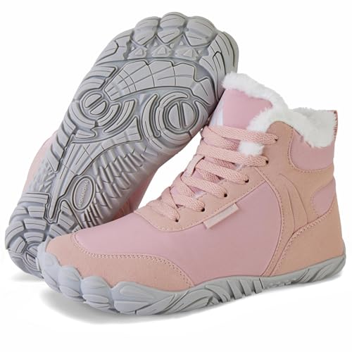 Mishansha Damen Herren Barfußschuhe Winter Warm Gefüttert Winterschuhe Outdoor rutschfest Barfuss Winterstiefel Bequem Leicht Winterboots mit Zero-Drop Solhe und Breite Zehenbox, Krepp-Rosa 36EU von Mishansha