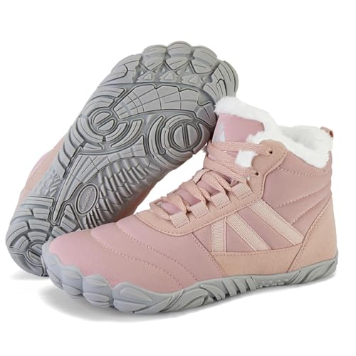 Mishansha Damen Herren Barfußschuhe Winter Warm Gefüttert Winterschuhe Outdoor rutschfest Barfuss Winterstiefel Bequem Leicht Winterboots mit Zero-Drop Solhe und Breite Zehenbox, Rosa 37EU von Mishansha